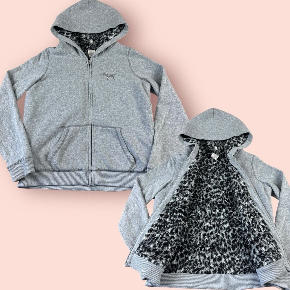 Vtg Y2K Victoria's Secret PINK VS Coat Jacket Hoodie Fur Gray Sequin Bling Dog M